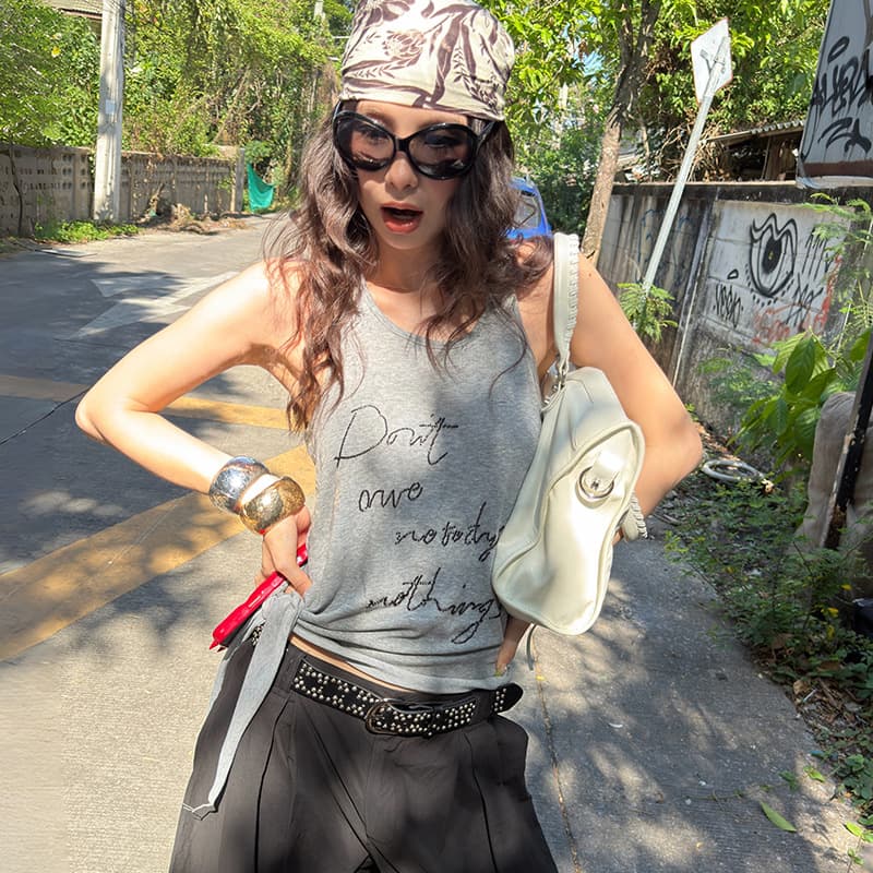 6.28 Summer New Products" Mmfish Street Style Relaxed Beaded Lettered Hemp-Feel Tie-Up Vest 26t365