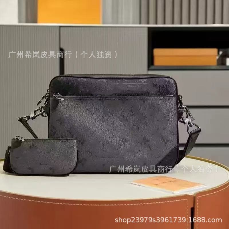 Guangzhou High Edition LV Monogram Trio Men's Bag Black Flower Messenger Bag Full Genuine Leather Shoulder Crossbody Handbag