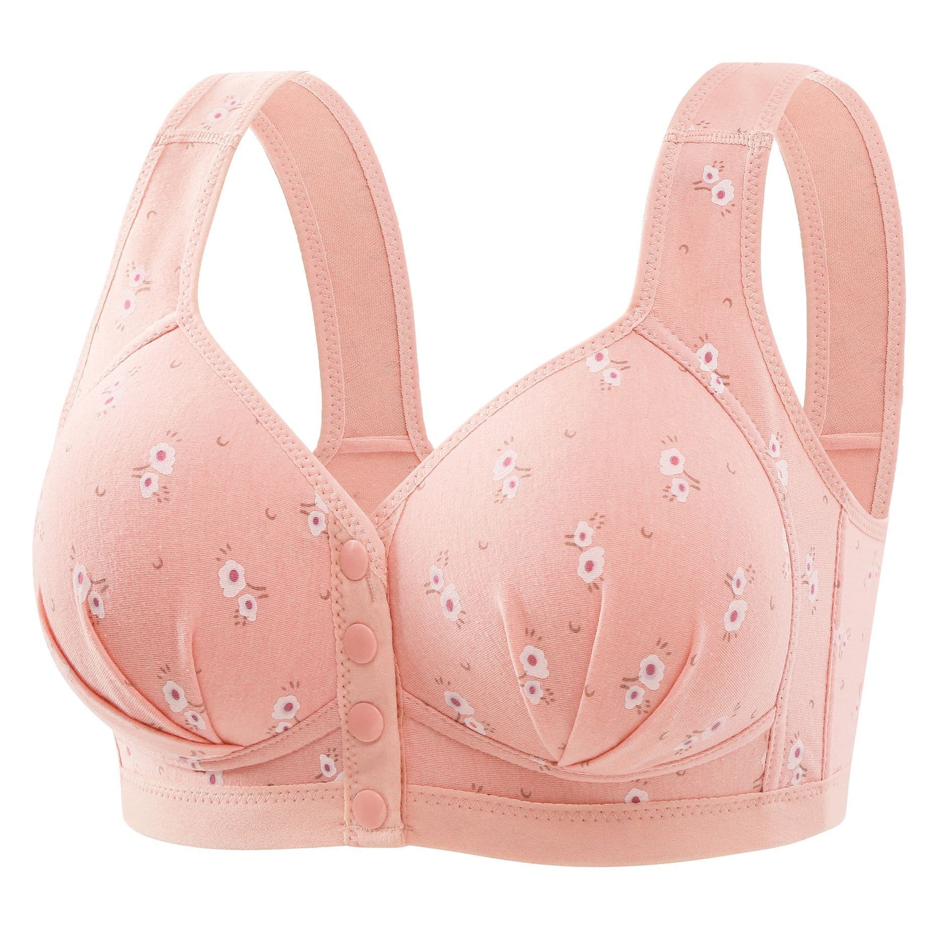 Front-Open Bra for Middle-Aged and Elderly Women, Thin Printed Plus Size Cotton Wireless Vest-Style Bra