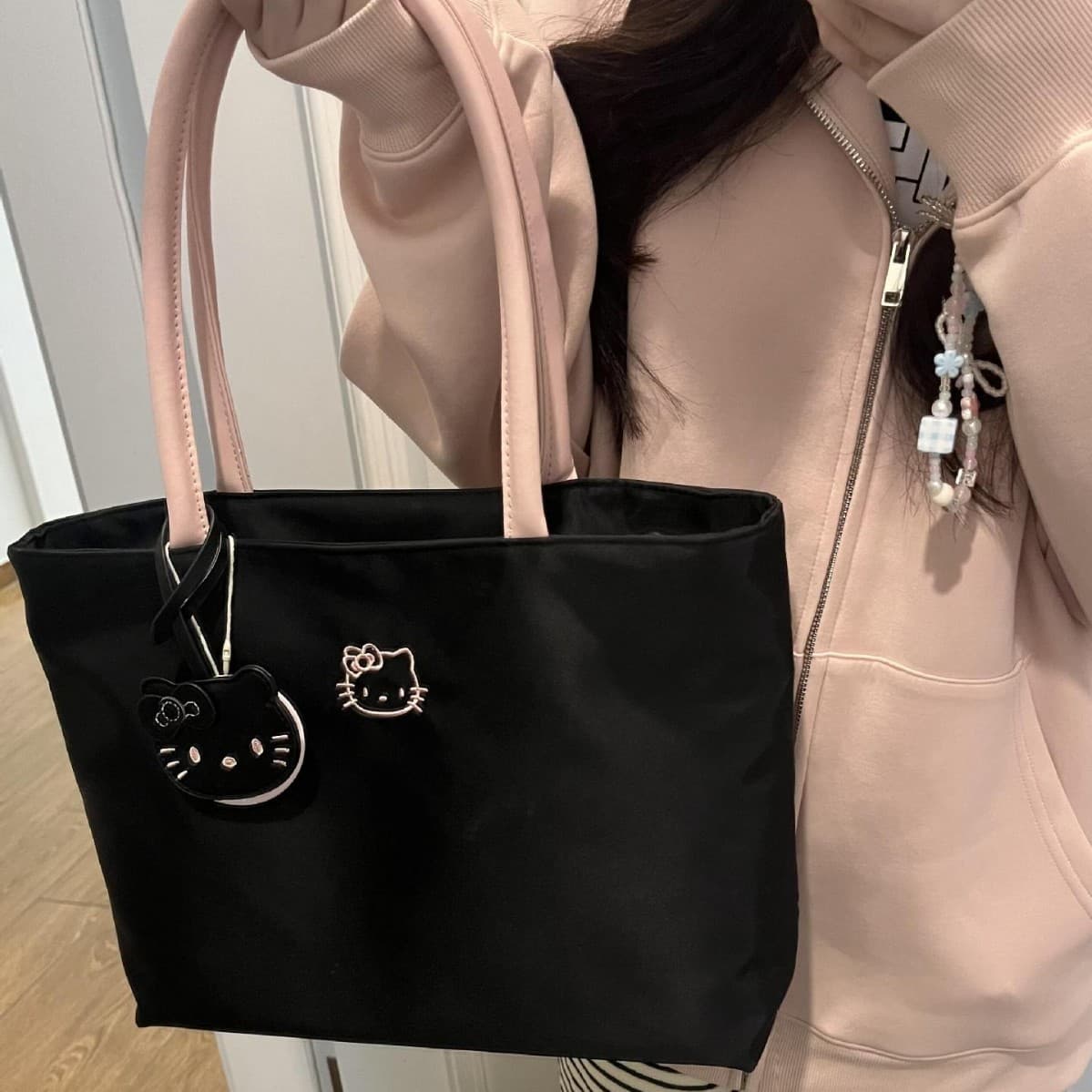 Large Capacity Simple Underarm Tote Bag Kitty Embroidery Handbag Lightweight Commuter Women's Bag Canvas Fresh Sweet Style
