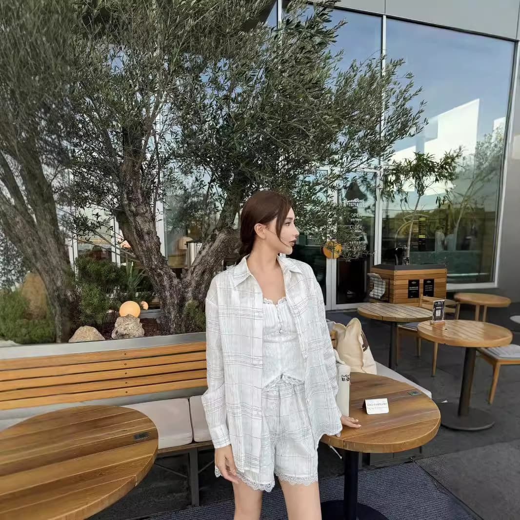Shenzhen Nanyou Classic Original Single CD Early Autumn Heavy Industry Plaid Shorts Spliced Lace Design Linen Suit
