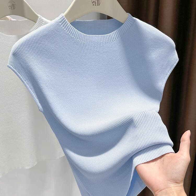 Blue Ice Silk Knit Women's Summer Cap Sleeve T-Shirt Elegant Inner Layering Slim Fit Vest Top
