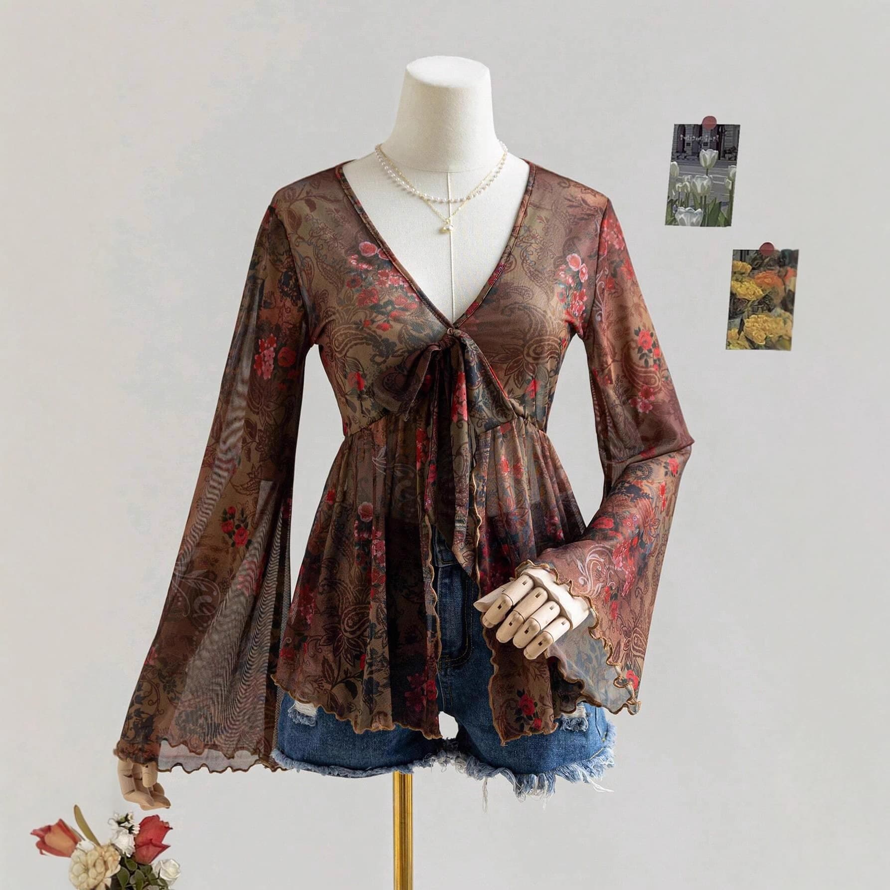 Cross-border Amazon Vintage Floral V-Neck Tie Waist Flared Sleeve Ruffled Retro Print Long-Sleeve Top