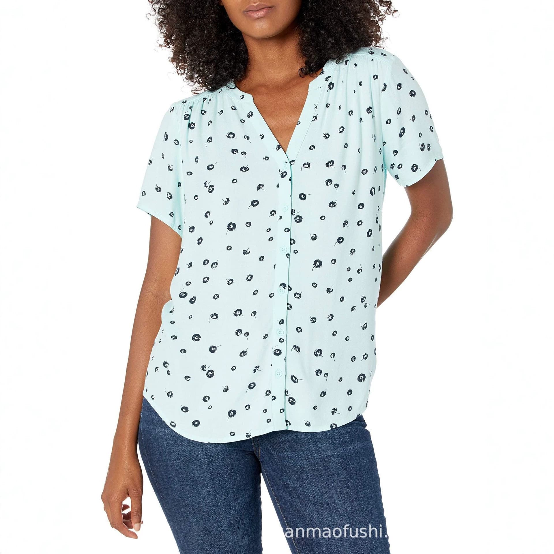 Amazon Women's Loose Fit V-neck Short Sleeve Woven Shirt Business Casual Style 2026 Foreign Trade Women's Tops