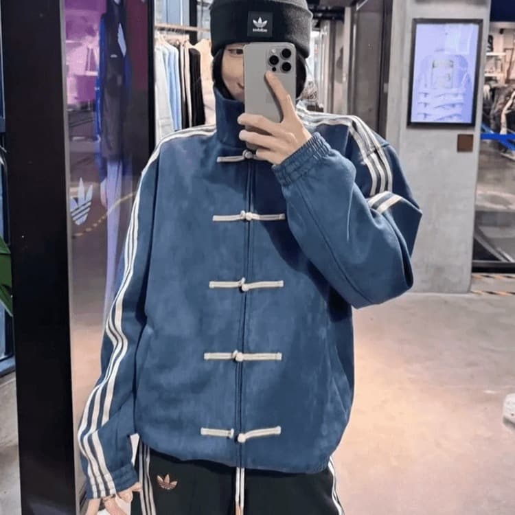 Blue New Chinese Style Frog Button Jacket Men Spring Autumn Trendy American Retro Stand Collar Jacket Navy Blue Black