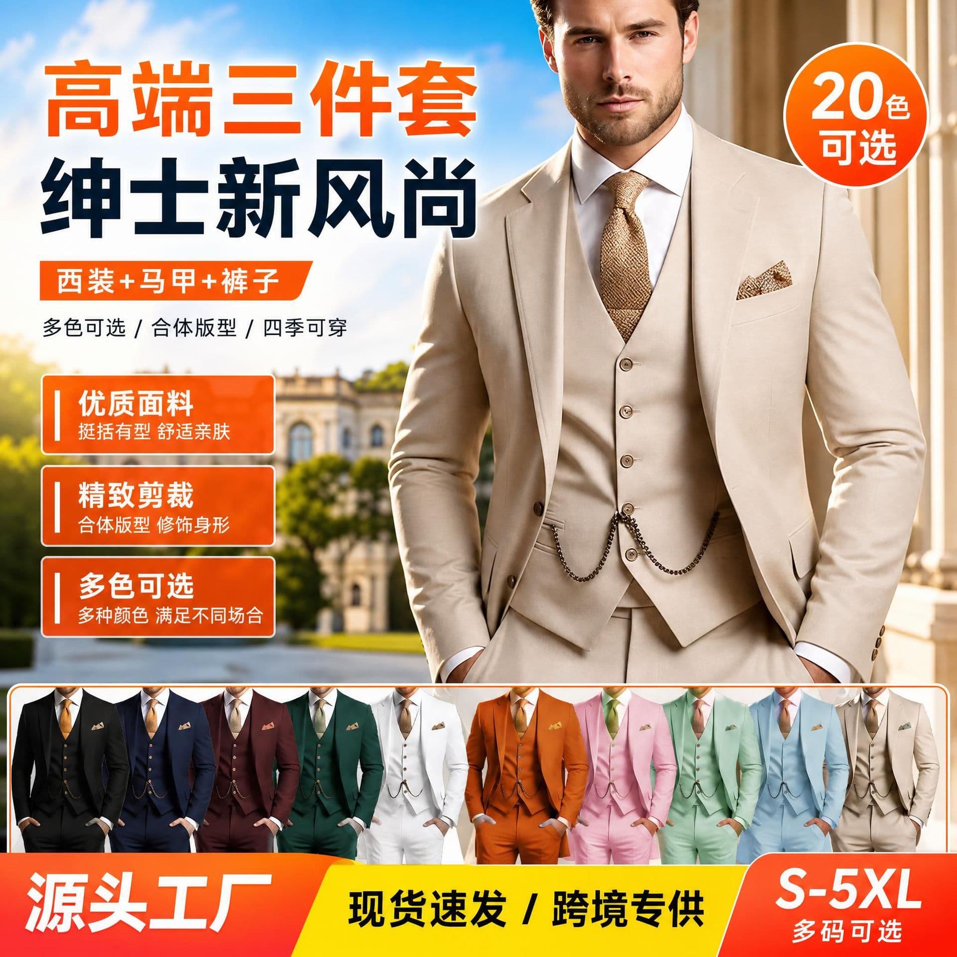 Premium Suit Set 3-Piece for Men, Wedding Groom Tuxedo, Business Casual Suit for Banquet, Cross-Border