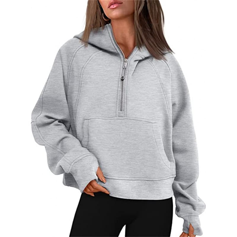 Cross-border new autumn and winter yoga wear Scuba women's sports half-zip loose short velvet hoodie sweatshirt