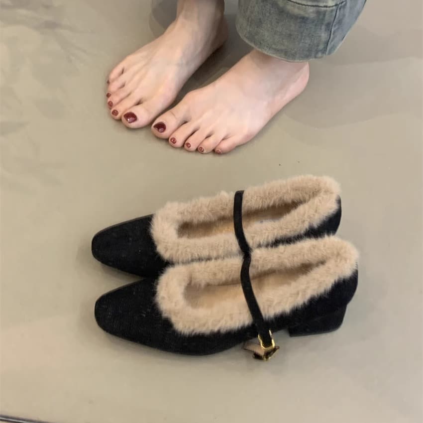 Chunky Heel Mary Jane Shoes Women 2024 Winter French Elegant Furry Square Toe Shallow Warm High Heel Cotton Shoes