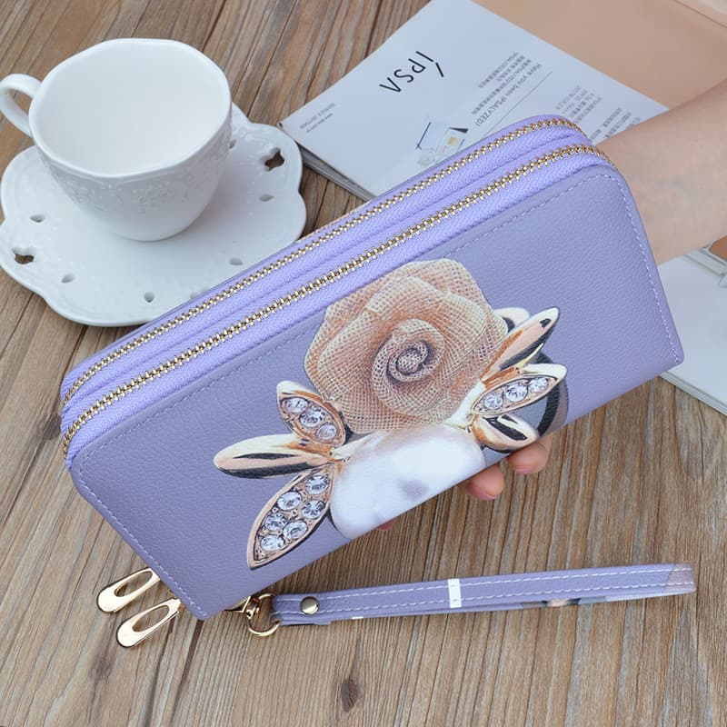 New Double Zipper Clutch Wallet for Women, Long Soft Leather Wallet, Fashionable Print, Large Capacity Double Layer Money Clip Phone Bag