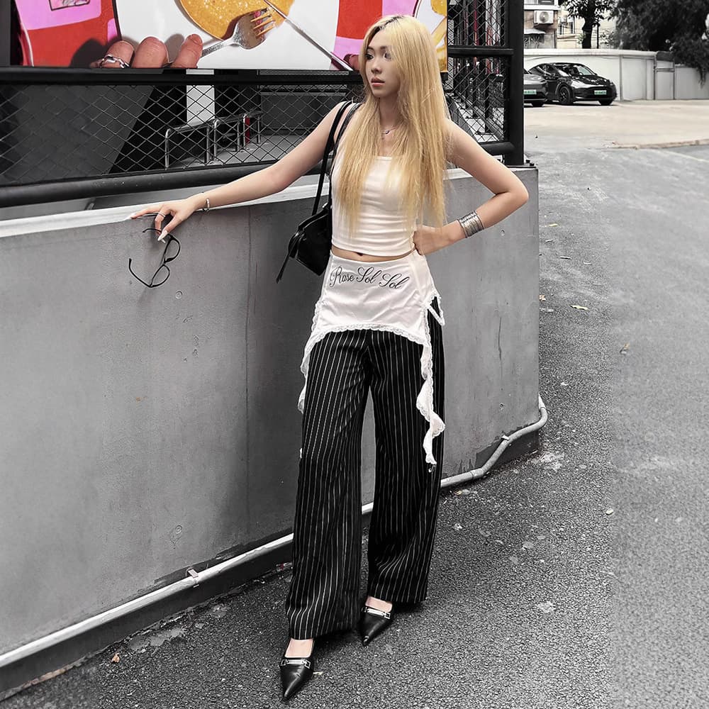 American Retro Hot Girl Striped Suit Pants Women's 2025 Spring Gray Striped Suit Pants Loose Drapey Wide Leg Pants