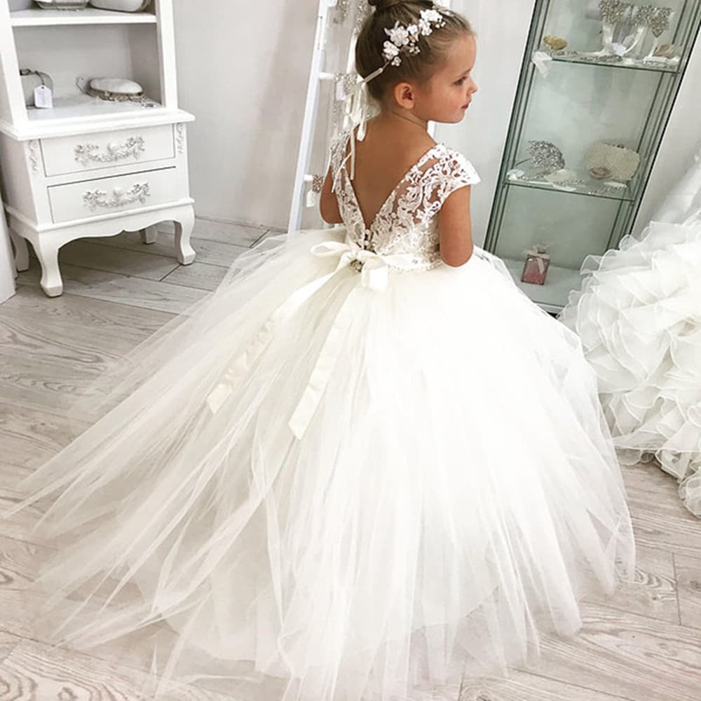Wholesale Children's Wedding Dress with Train, Lace Long Sleeve Bridesmaid Gown, Birthday Host Piano Performance Tutu Skirt for Girls, Drop Shipping