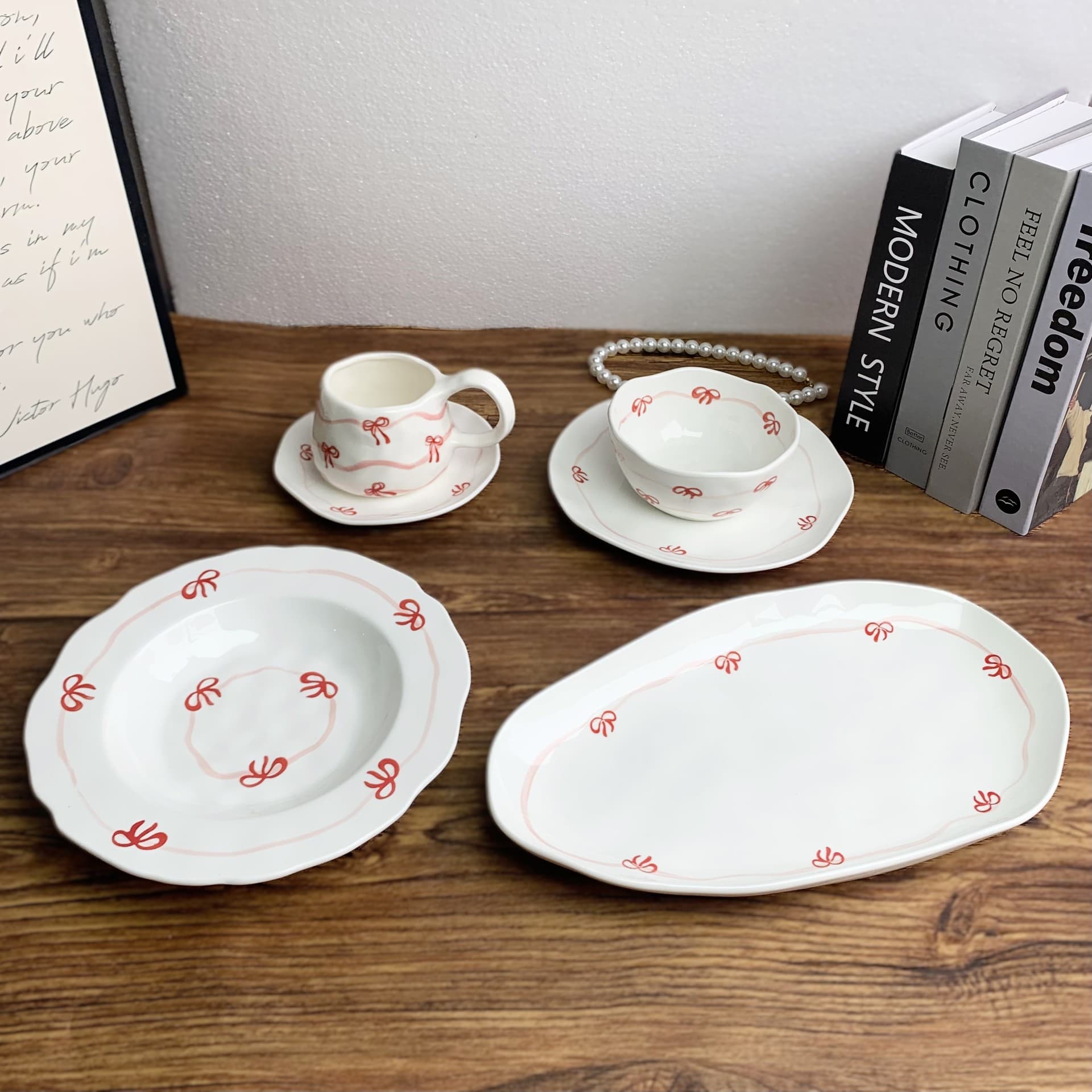 French Lace Bow Tableware Set Coffee Cup Saucer Plate Fish Plate Home Use Dessert Bowl Ceramic Bowl Plate Combination