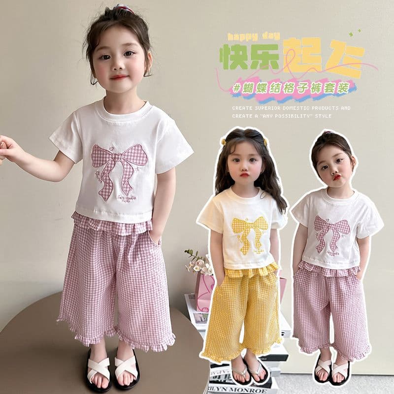 Spot girls summer bow short-sleeved plaid pants suit two-piece Korean style casual cute children's clothing for small and medium-sized children