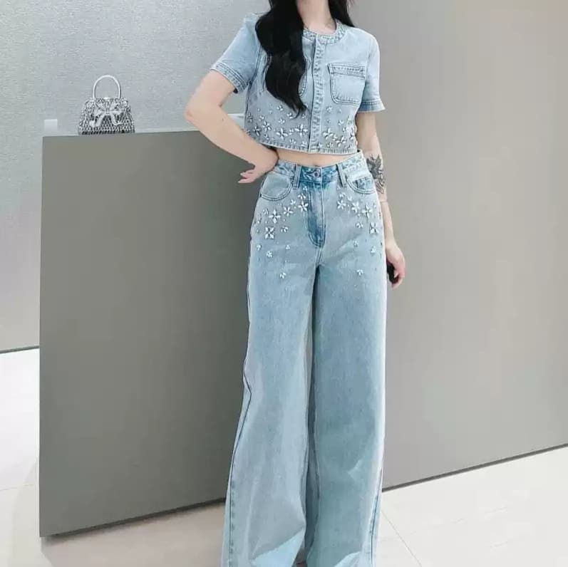 2025 Spring/Autumn New Fashion Rhinestone Light Blue Denim Wide-Leg Pants Retro High-Waist Straight-Long Pants for Women