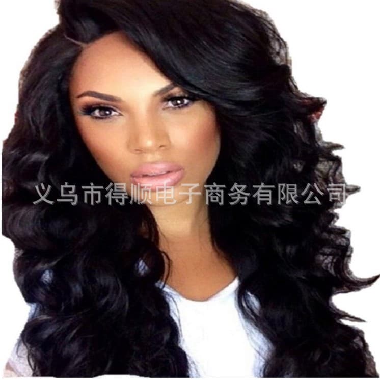 European and American black middle-parted long curly hair High-temperature silk side-parted black female curly hair cosplay wig Amazon hot sale