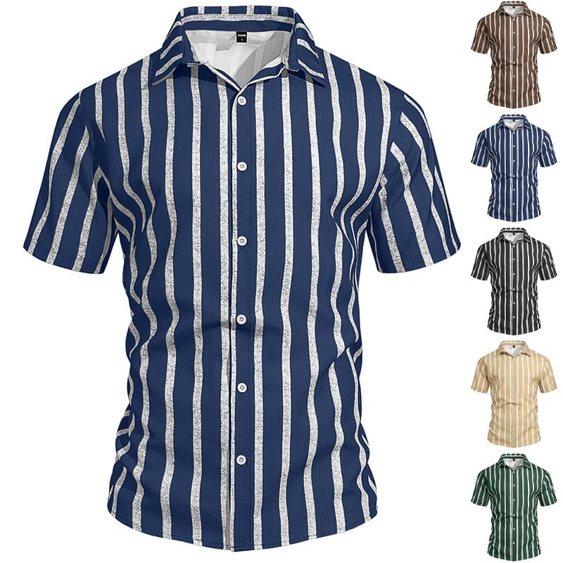 Cross-border Men's Fashion European American Amazon Summer New Striped Collar Vacation Short Sleeve Shirt Beach Short Sleeve T-Shirt Men