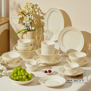 New stylish cream-colored home dinnerware set, embossed light luxury ceramic plates, housewarming gift