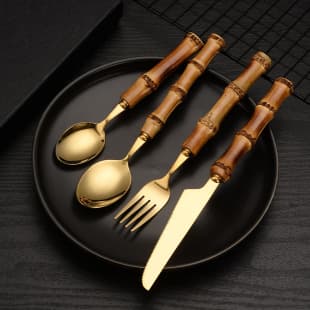 Stainless Steel Cutlery Gold Knife Fork Spoon Dessert Spoon Steak Knife Western Cutlery Bamboo Handle Set Gift