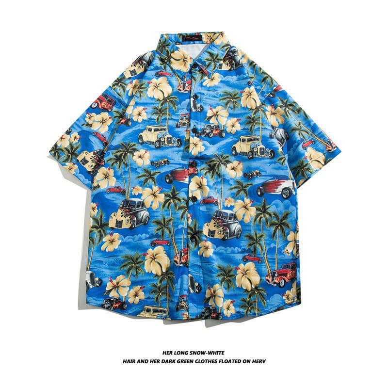 Hawaii Ice Silk Shirt Men's Trendy Short Sleeve Shirt Summer Beach Floral Shirt Couple Loose Fit Jacket