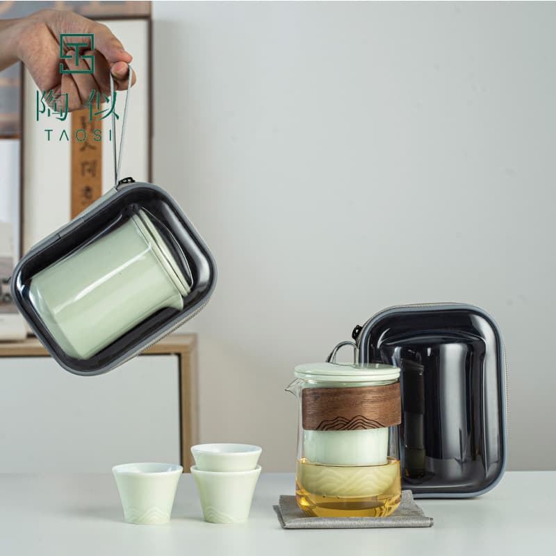 Glass travel tea set, portable bag, one pot and three cups, quick cup, outdoor car travel teapot.