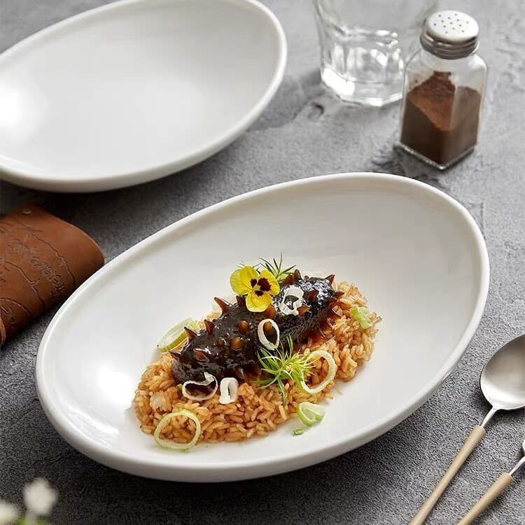 Pure White Ceramic Oval-Shaped Restaurant Platter with Feet for Cold Small Plates Dining Utensils Chinese Catering Dish