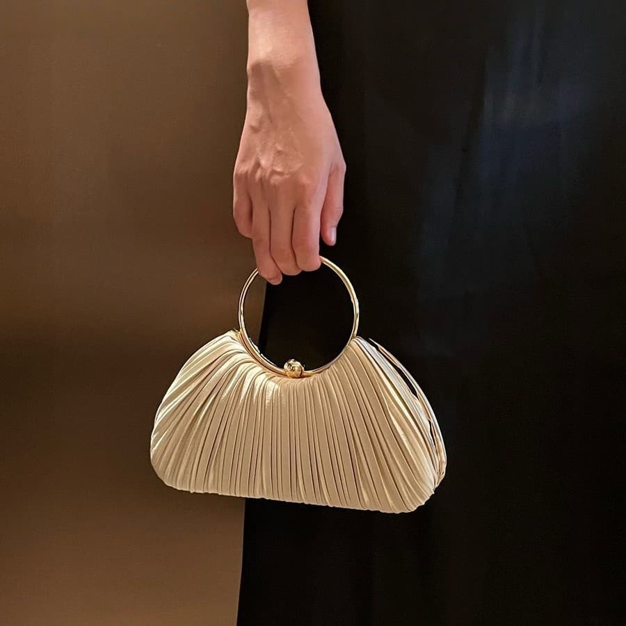 New Cross-Border Pleated Evening Bag Women's Handbag Celebrity Style Banquet Clutch Dress Bag Round Ring Handbag