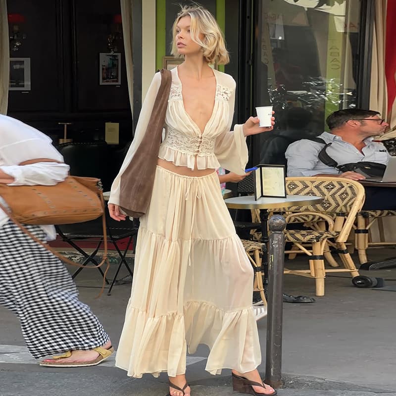 Fashionable French-Style European and American Cross-Border New Women's Clothing, Sexy Lace Chiffon Cardigan Top, Loose See-Through Tie-Up Long Dress