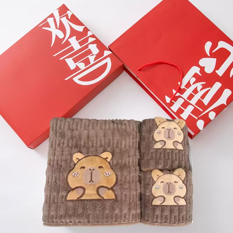 Coral Velvet Bath Towel Gift Box Set Capibara Dry Hair Cap Towel Gift Box Wedding Return Gift Souvenir Wholesale