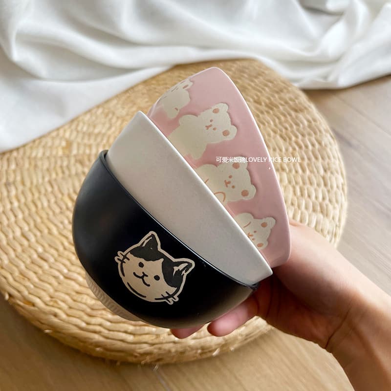 Ceramic Soup Bowl Rice Bowl Japanese Style Tall Foot Noodle Bowl Cat Small Bowl Dessert Bowl Pink Bear Embossed Rice Bowl