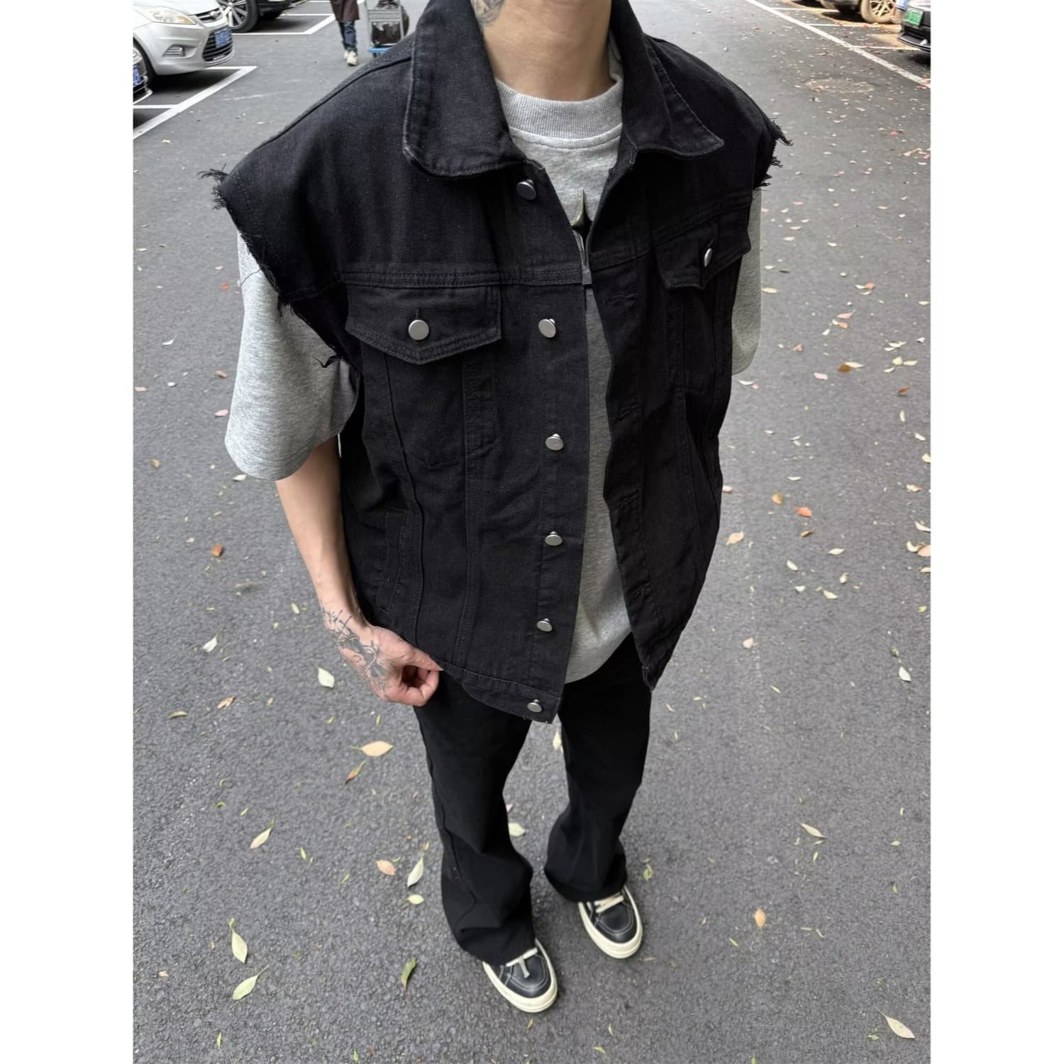 Black Denim Vest Short Style Unisex Spring Autumn Loose Casual Inner Pocket Sleeveless Layering Jacket