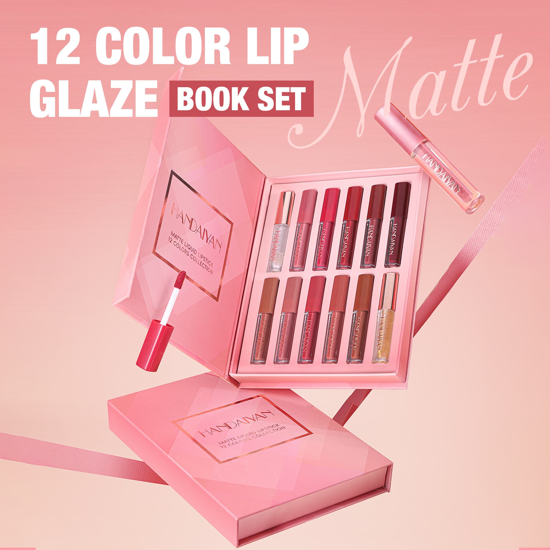 Cross-border Lip Gloss Set Square Tube Lip Gloss HANDAIYAN Waterproof Easy Color Pearl Matte Lip Gloss Set