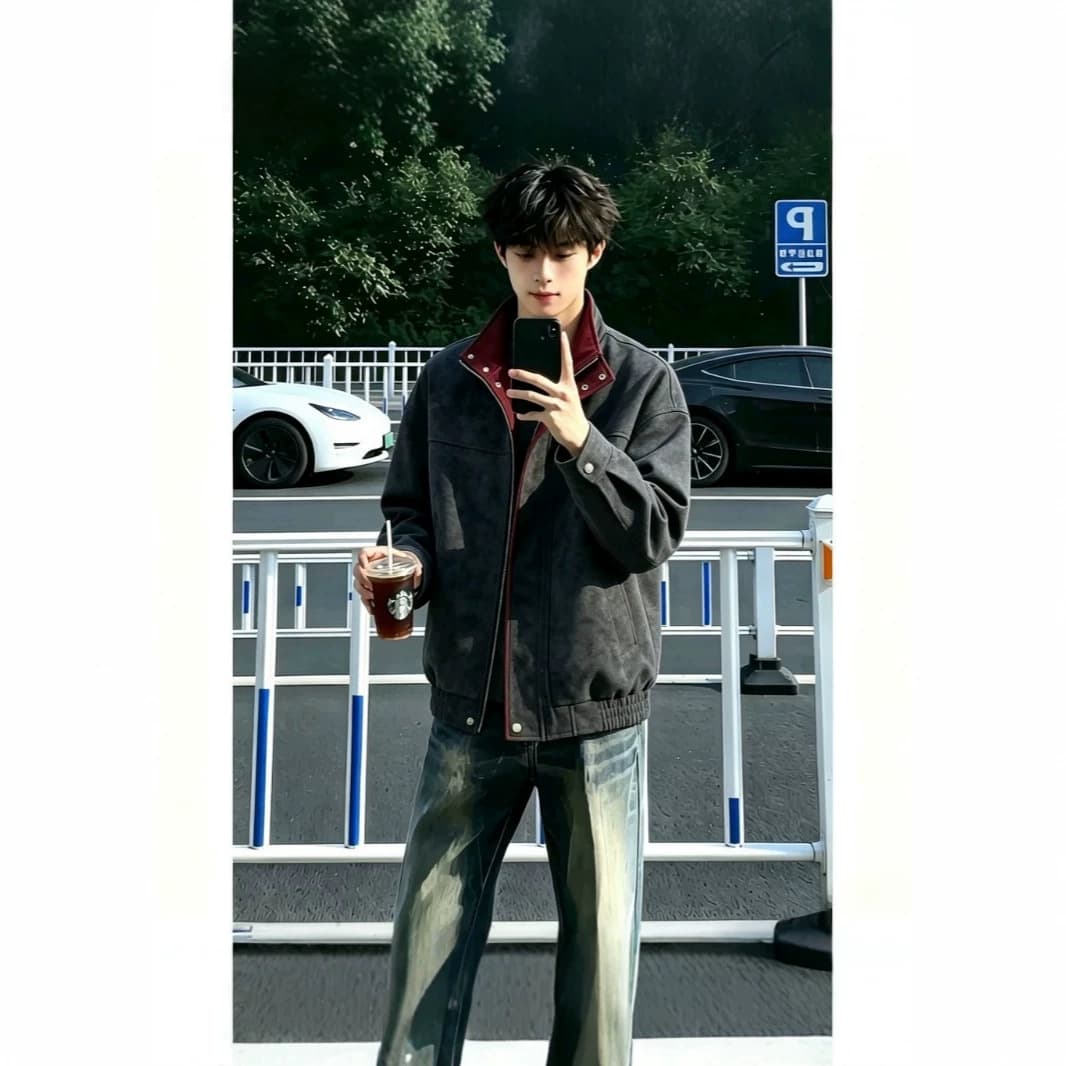 American-style PU Leather Jacket Autumn Cool High-End Flight Jacket Stand Collar Workwear Couple Baseball Jacket