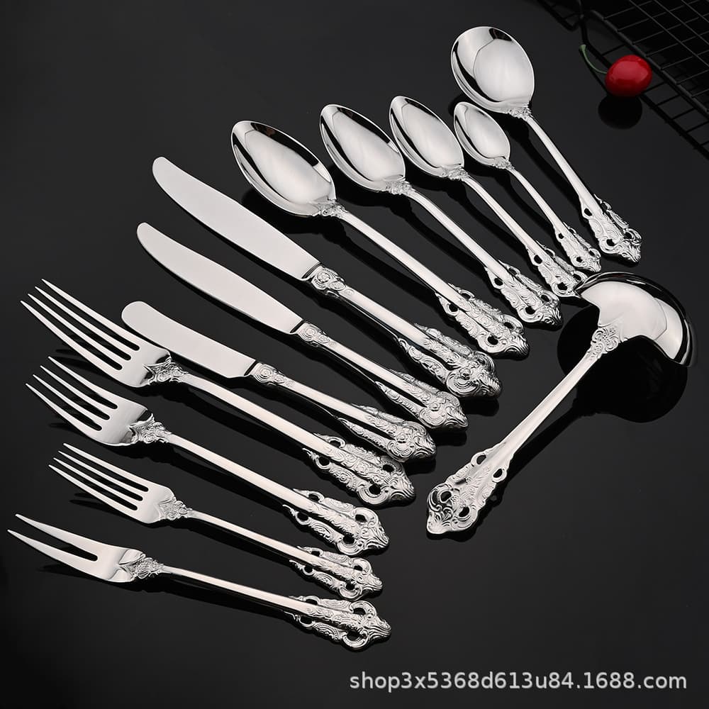 Cross-border Palace 304 Stainless Steel Embossed Flower Cutlery Titanium-Plated Steak Knife Fork Spoon Hotel Restaurant Gift Set