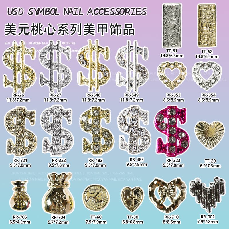 Cross-border hot style love dollar nail art jewelry peach heart alloy simulated banknote metal diy nail accessories wholesale