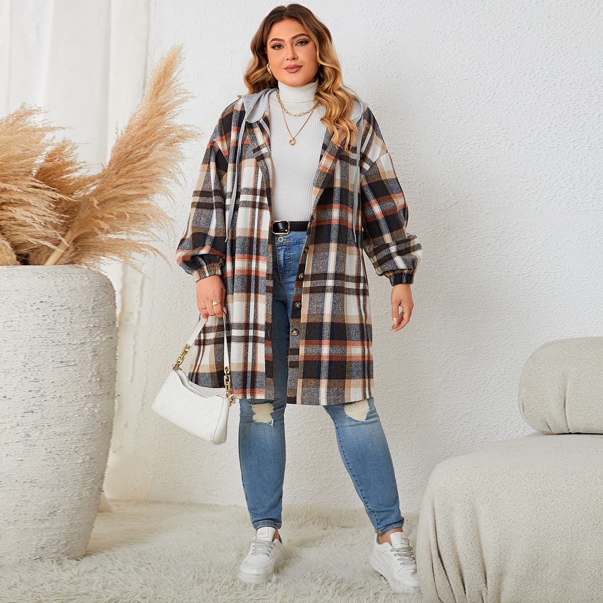 plus Size Autumn Winter Plaid Hooded Coat Women's Long Jacket Comfortable Casual Cotton Polyester Fiber Mid-Length Outerwear