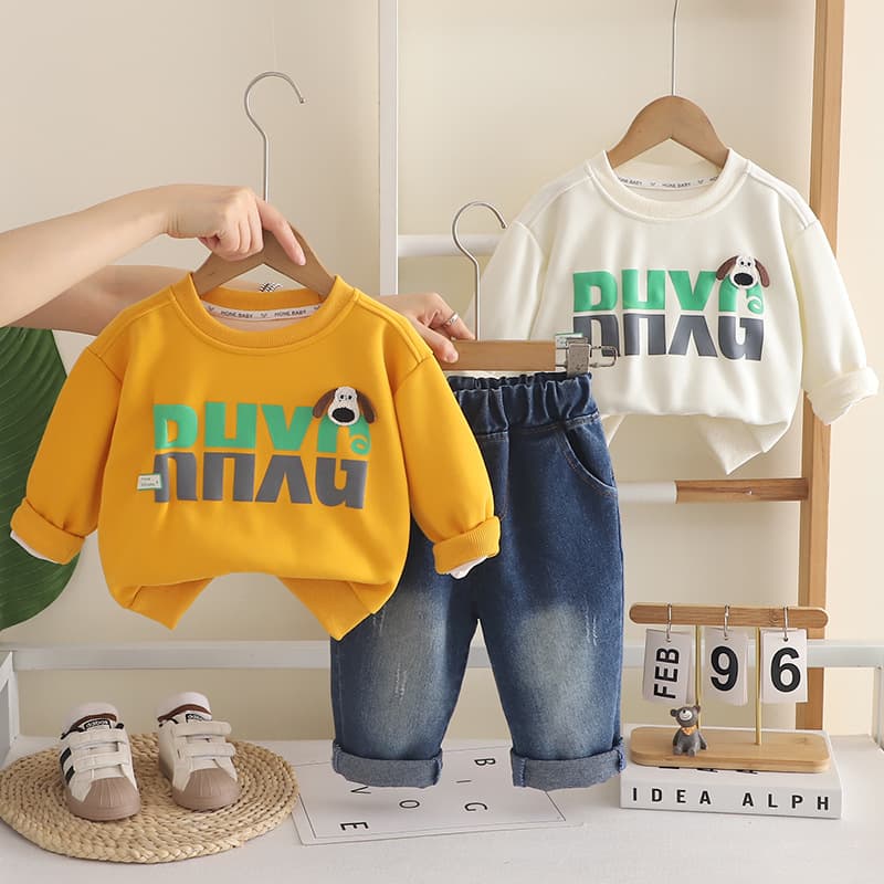 2026 New Boys Outfit Set Autumn Spring Children Fashionable Baby Fall Round Neck Large Letter Two-Piece Set Trendy Wholesale