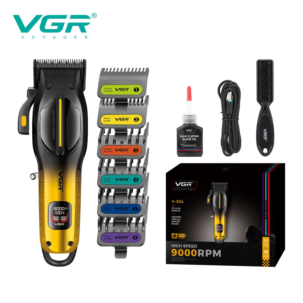 VGR026 Cross-border Electric Hair Clipper for Men, Professional Salon Barber Clipper, High Speed 9000RPM, Digital Display