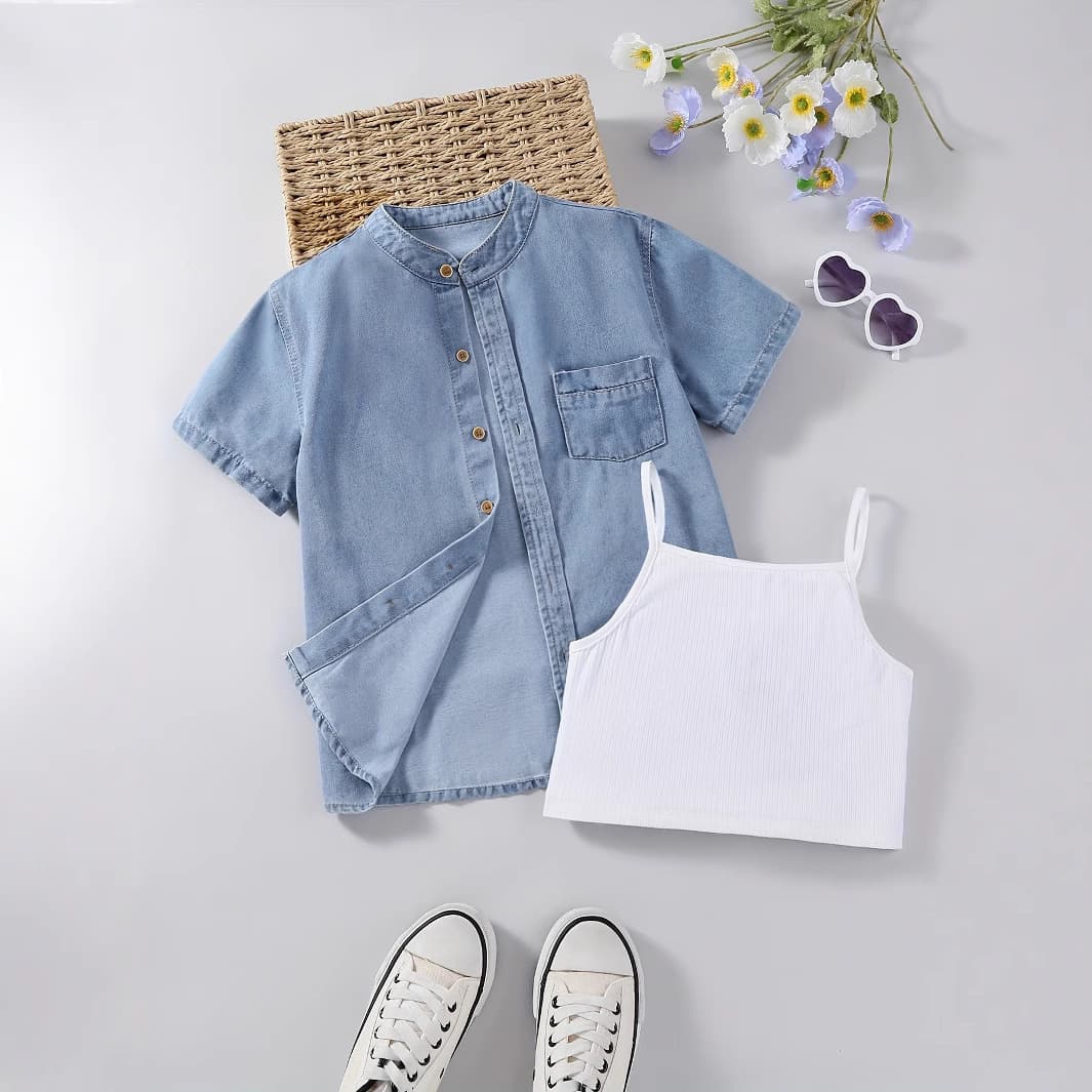 Cross-Border Summer Girls' Camisole Top Set with Round Neck Short Sleeve Denim Jacket, Trendy Layering Two-Piece Set