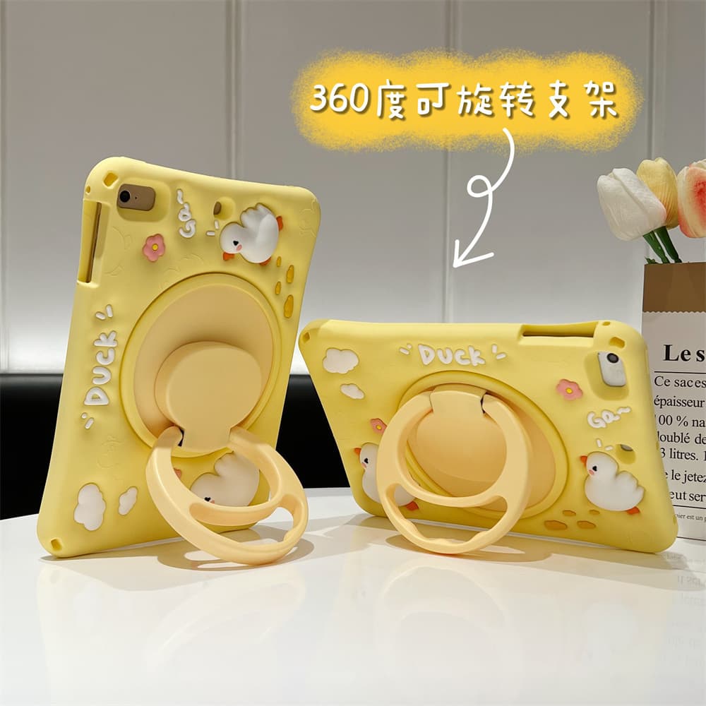 Suitable for iPad 10 11-inch cartoon protective case with rotating stand, 10.2-inch Apple squeezeable yellow duck mini tablet case