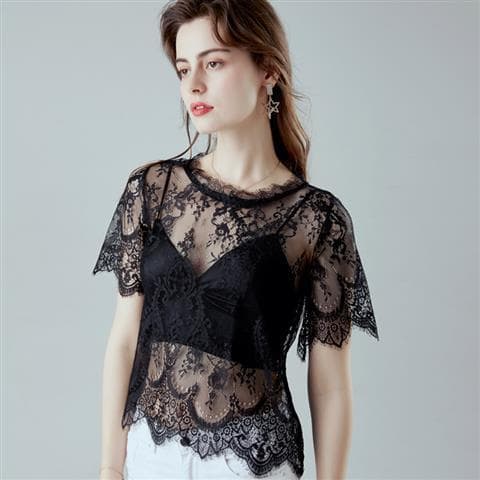 Fashionable Black Transparent Mesh Layering Top Elegant Hollow-Out New Sexy Loose Lace Blouse