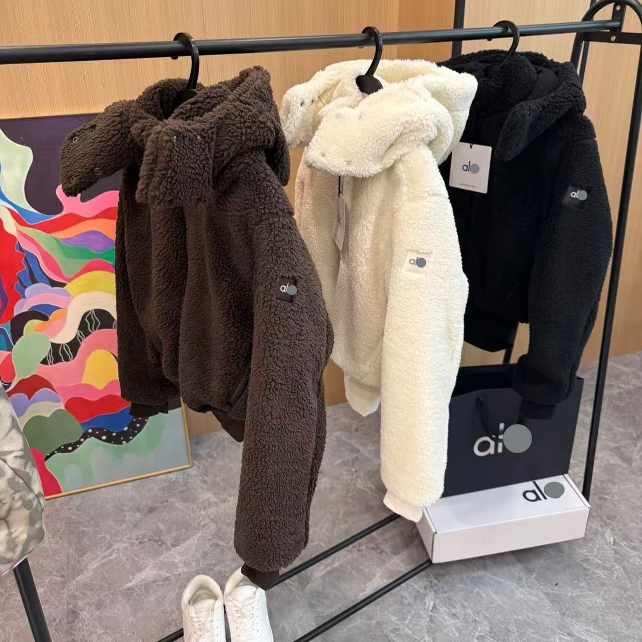 Alo Original Label High Version Soft Warm Faux Lamb Fur Hooded Short Jacket, Four Colors in Stock