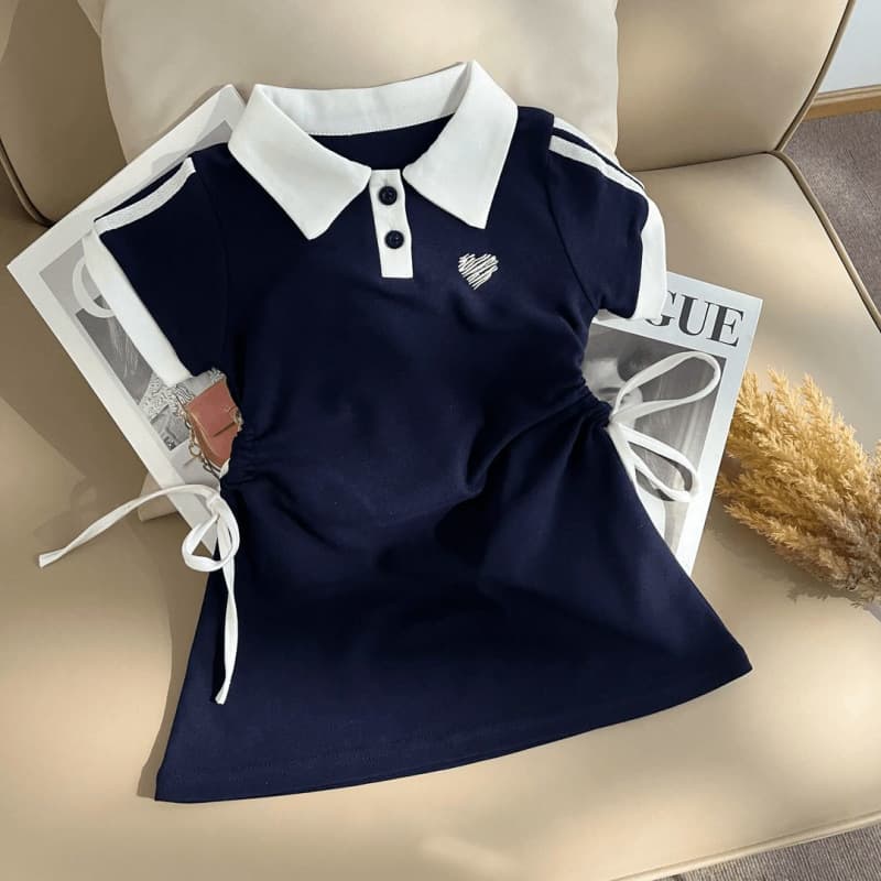 Girls preppy style drawstring collar short-sleeved dress summer new style baby casual skirt for small and medium-sized children