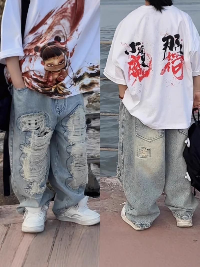 2025 New Kids Patch Print Distressed Ripped American Style Jeans Long Pants Spring High Street
