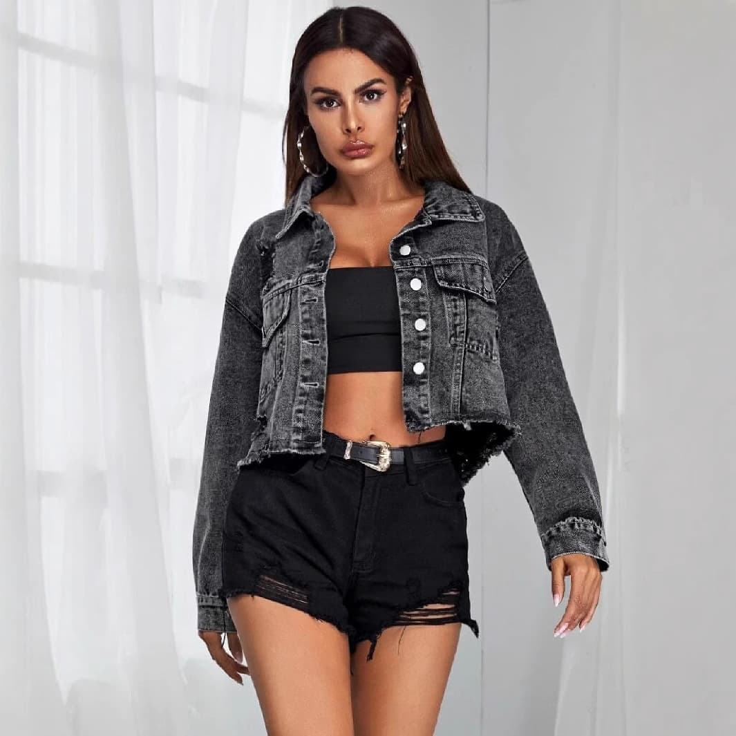 S057# Cross-border Women's Denim Jacket, European and American Export New Fashion Frayed Ripped Denim Short Jacket Top