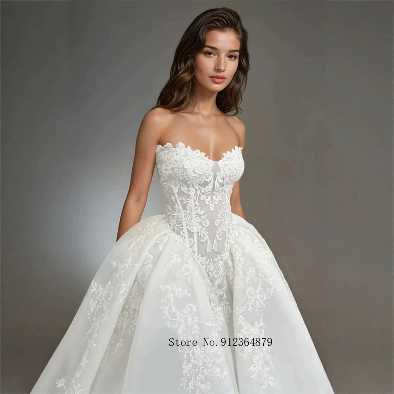 Cross-Border Plus Size Strapless Wedding Dress White Lace Small Train Long Gown Fashion Wedding Party Evening Dress