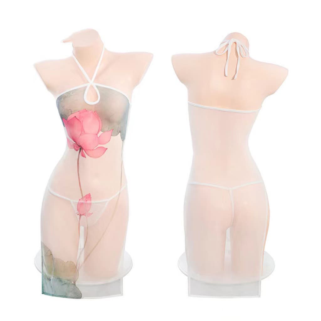Dieyu elegant style lotus mesh transparent cheongsam sexy underwear new sexy see-through ancient style nightgown for home