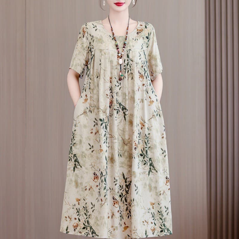 Cotton Silk Dress 2026 New Summer Fashion for Middle-Aged and Elderly Women, Loose Large Size Rayon Long Dress for Outerwear
