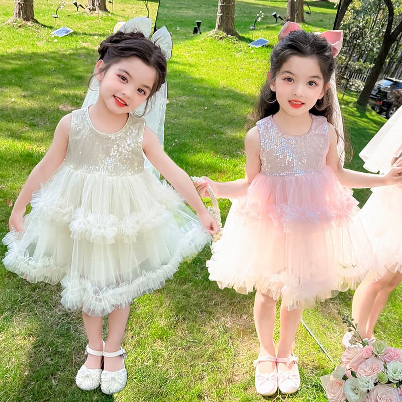 Puff skirt girls gauze dress summer 2026 new children's sequin skirt summer dress baby girl princess dress