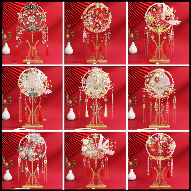 New Chinese-style bridal bouquet fan, wedding antique style long-handled round fan, wedding Hanfu headdress, ready-made fan, DIY material.