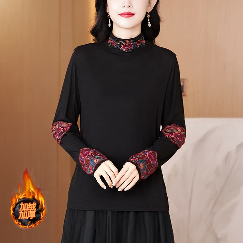 2025 Spring New Thickened Brushed Embroidered Top Women Ethnic Style Semi-High Neck Base Layer Long Sleeve T-Shirt
